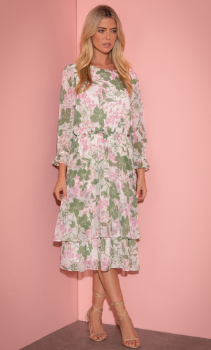 Botanical Printed Midi Dress - Ivory/Green/Pink