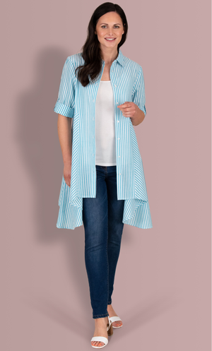 Oversized Striped Seersucker Dipped Hem Shirt - Pacific Blue/White