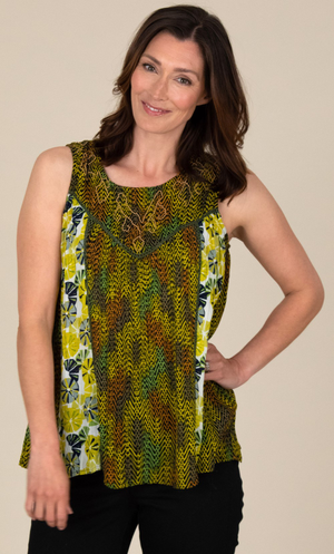 Embellished printed Sleeveless Top - Lime/Khaki