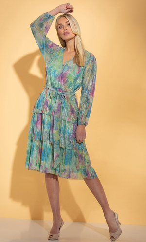 Shimmer Tiered Printed Dress - Green Multi
