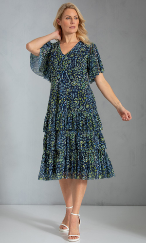 Floral Printed Frill Mesh Dress - Midnight/Lime