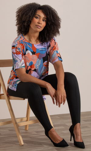 Bold Floral Printed Asymmetric Top - Black/Lilac/Pumpkin