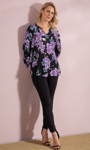 Pleated Printed Georgette Top - Black/Lilac/Blue