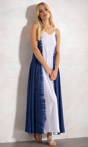 Bias Cut Tie Dye Strappy Maxi Dress - Navy/White