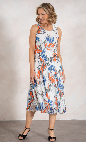 Anna Rose Bias Cut Floral Print Midi Dress - Ivory/Cobalt/Orange