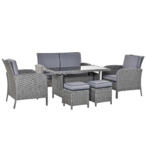 Outsunny 6 Pieces Rattan Garden Furniture Set, 6 Seater Garden Sofa Set with Glass Top Dining Table, Loveseat, 2 Armchairs and Ottomans, Wicker Outdoor Conservatory Furniture for Patio, Grey