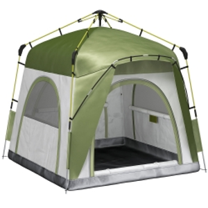 Outsunny Instant Pop Up Camping Tent, 3 Man Dome Tent with 4 Doors, Sewn-in Groundsheet, Carry Bag and Top Hook for Fishing Hiking Festival, Green