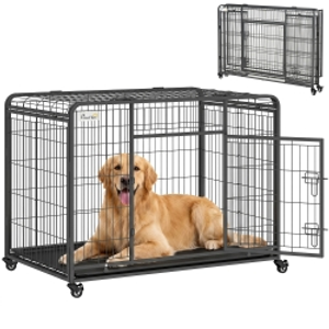 PawHut Metal Dog Cage Kennel Locking Door & Wheels Removable Tray Openable Top For Large Pets 109.5 x 71 x 78 cm