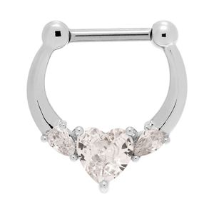 Blue Banana Crystal Heart Surgical Steel Hinged Segment Ring (Silver)