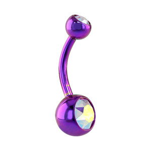Blue Banana Purple Coloured Titanium 1.6mm Double Jewelled Navel Bar (Aurora Borealis)