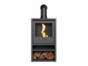 OKO S1 Bio Ethanol Stove with Log Storage in Charcoal Grey & Angled Stove Pipe