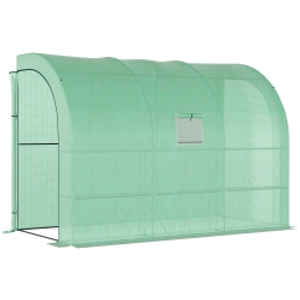 Outsunny Walk-In Lean to Wall Greenhouse with Windows and Doors 2 Tiers 6 Wired Shelves 300L x 150W x 213Hcm Green