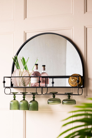 Wall-Mounted Black Metal Bar Shelf With Mirror