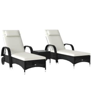 Outsunny 2 Seater Rattan Sun Lounger Set with Side Table Black