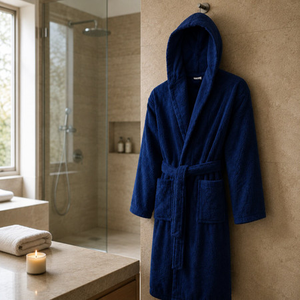 Hooded Navy Blue Terry Towelling Dressing Gown - Egyptian Collection Soft Cotton