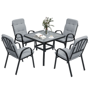 Outsunny 5 Pieces Outdoor Square Garden Dining Set w/ Tempered Glass Dining Table 4 Cushioned Armchairs, Umbrella Hole, Grey