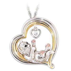 Genuine Diamond Hand-Enameled Sculpted Cat Pendant Necklace