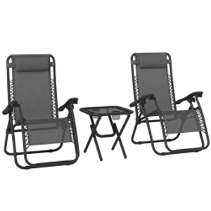 Outsunny 3pcs Folding Zero Gravity Chairs Sun Lounger Table Set w/ Cup Holders Reclining Garden Yard Pool, Dark Grey
