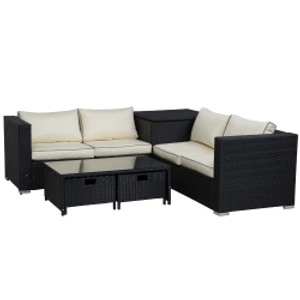 Outsunny 4 Seater Rattan Garden Furniture Set with Storage Box, 2 Drawers Coffee Table, Black