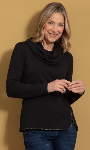 Anna Rose Embellished Zip Knit Top - Black