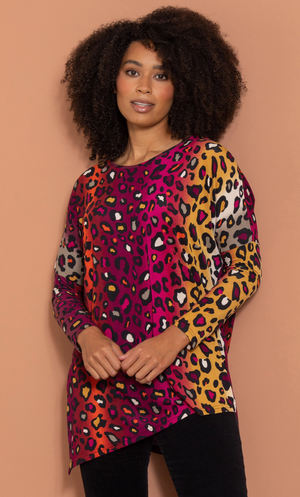 Animal Print Asymmetric Hem Tunic Top - Pink/Orange