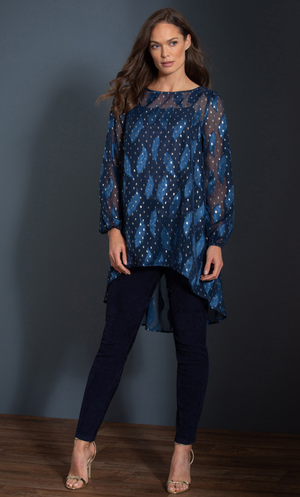 Feather Shimmer Dip Hem Georgette Tunic Top - Midnight/Gold