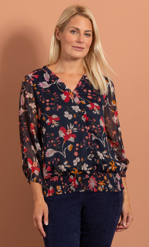 Floral Print Chiffon Top - Navy/Rust