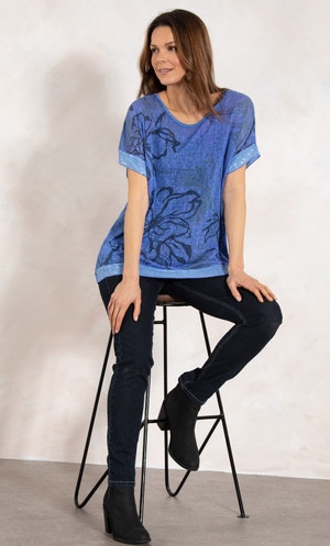 Sequin Trimmed Cotton Blend Oversized Printed Top - Cobalt/Black