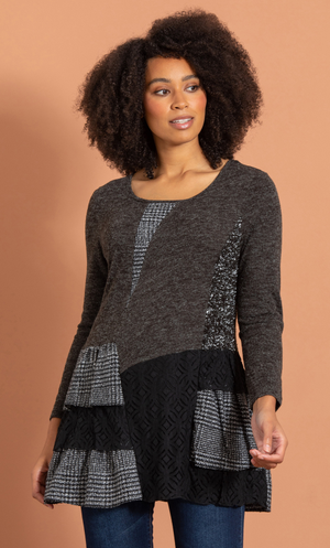 Patchwork Layered Knit Tunic Top - Black