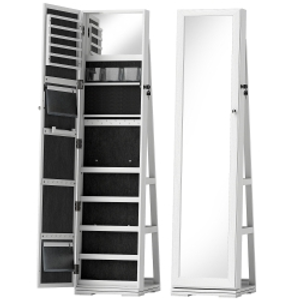 HOMCOM 360° Swivel Jewellery Cabinet, Free Standing Full Length Mirror with Storage, Lockable Jewellery Organiser with Built-in Makeup Mirror and Storage Shelves for Bedroom, White