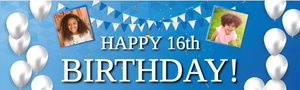 Personalised Happy 16th Birthday Banner - Blue &amp; White - 2 Photo Upload
