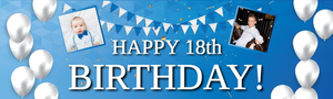 Personalised Happy 18th Birthday Banner - Blue &amp; White - 2 Photo Upload