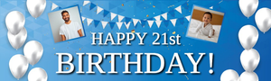 Personalised Happy 21st Birthday Banner - Blue &amp; White - 2 Photo Upload