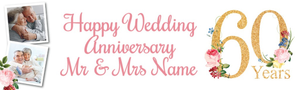 Personalised 60th Wedding Anniversary Banner - Floral Design - 2 Photo Upload & Custom Text