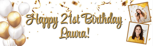 Personalised Happy 21st Birthday Banner - Gold &amp; White Balloons - 2 Photo Upload