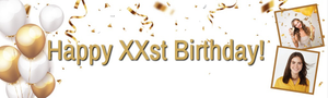 Personalised Happy Birthday Banner - Gold &amp; White Balloons - Custom Age &amp; 2 Photo Upload