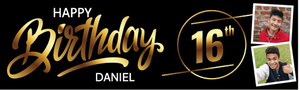 Personalised Happy 16th Birthday Banner - Black &amp; Gold - Custom Name &amp; 2 Photo Upload