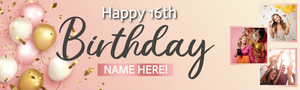 Personalised Happy 16th Birthday Banner - Pink - Custom Name &amp; 3 Photo Upload