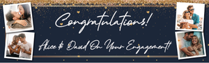 Personalised Engagement Party Banner - Blue &amp; Gold Congratulations - Custom Name &amp; 4 Photo Upload