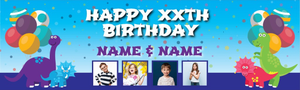 Personalised Happy Birthday Banner - Dinosaur Party Twins - Custom Name &amp; 4 Photo Upload