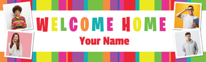 Personalised Welcome Home Banner - Rainbow Stripy - Custom Name &amp; 4 Photo Upload