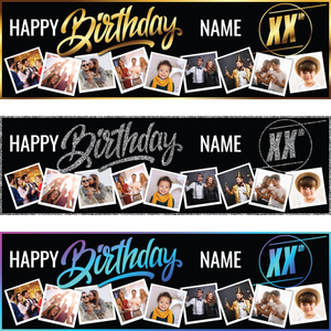 Personalised Happy Birthday Banner - Custom Name, Any Age, Photos &amp; Colour - 13th, 16th, 18th, 21st, 30th, 40th, 50th, 60th, 70th