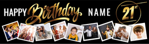 Personalised Happy 21st Birthday Banner - Black &amp; Gold - Custom Name &amp; 9 Photo Upload