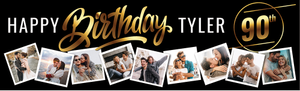 Personalised Happy 90th Birthday Banner - Black &amp; Gold - Custom Name &amp; 9 Photo Upload