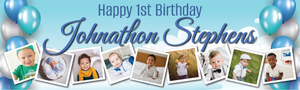 Personalised 1st Birthday Banner - Blue Balloons - Custom Name &amp; 9 Photo Upload