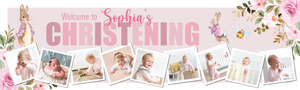 Personalised Christening Banner - Pink Rabbit - Custom Name &amp; 9 Photo Upload