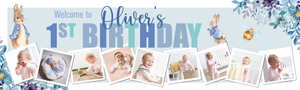 Personalised Happy 1st Birthday Banner - Blue Rabbit - Custom Name &amp; 9 Photo Upload