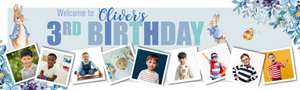 Personalised Happy 3rd Birthday Banner - Blue Rabbit - Custom Name &amp; 9 Photo Upload