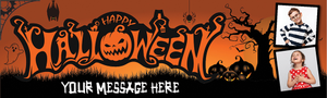 Personalised Happy Halloween Party Banner - Spooky Pumpkin - Custom Text &amp; 2 Photo Upload