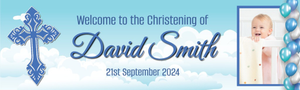 Personalised Christening Banner - Blue Cross - Custom Name Date &amp; 1 Photo Upload